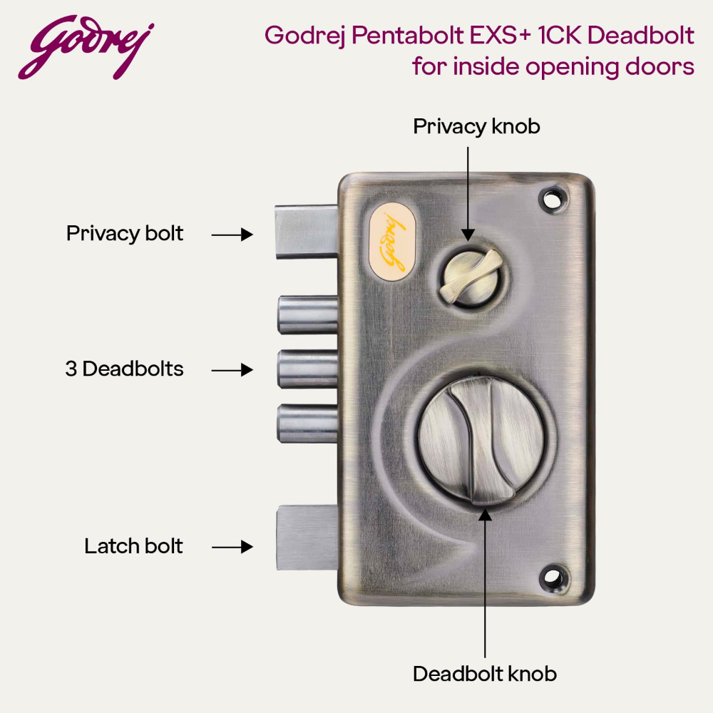 Godrej Rim Lock I Pentabolt EXS Technology I 1CK Deadbolt I For Home Main door I for Outside Opening Door & Left  Right Handed Doors I 4 Keys I 15 Year Warranty I Flawless Finish